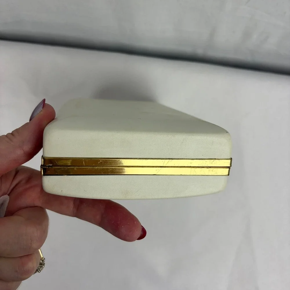 Vintage Mid Century Jewelry Box Cream Gold Carriage Satin Lining 15 Compartments